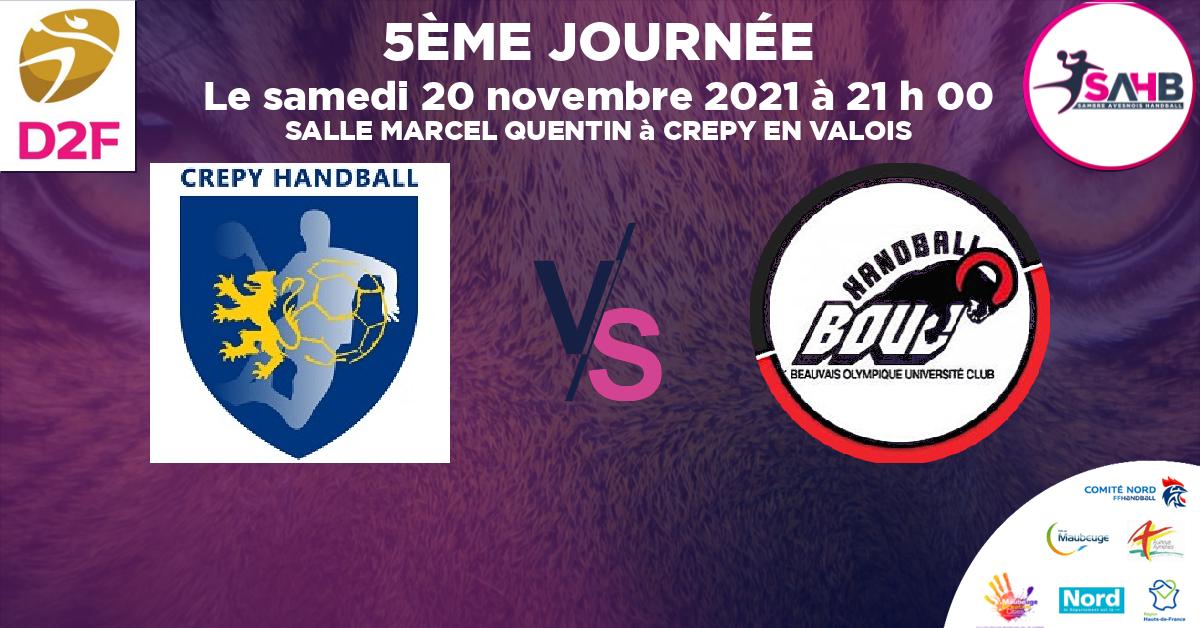 Nationale 3 féminine handball, CREPY EN VALOIS VS BEAUVAIS - SALLE MARCEL QUENTIN à CREPY EN VALOIS à 21 h 00