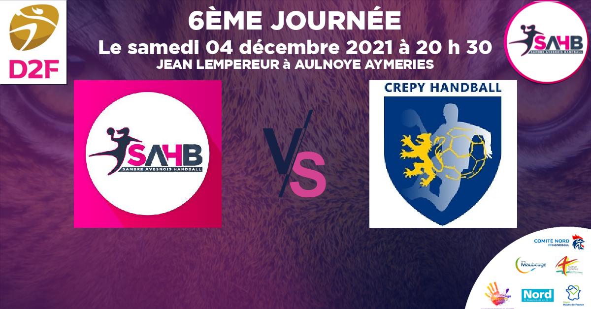 Nationale 3 féminine handball, SAMBRE AVESNOIS VS CREPY EN VALOIS - JEAN LEMPEREUR à AULNOYE AYMERIES à 20 h 30