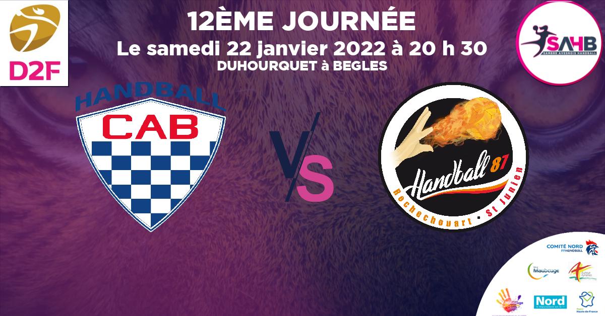 Division 2 Féminine handball, CLUB ATHLETIQUE BEGLAIS VS ROCHECHOUART-ST-JUNIEN 87 - DUHOURQUET à BEGLES à 20 h 30