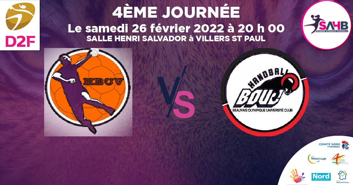 Nationale 3 féminine handball, VILLERS SAINT PAUL VS BEAUVAIS - SALLE HENRI SALVADOR à VILLERS ST PAUL à 20 h 00