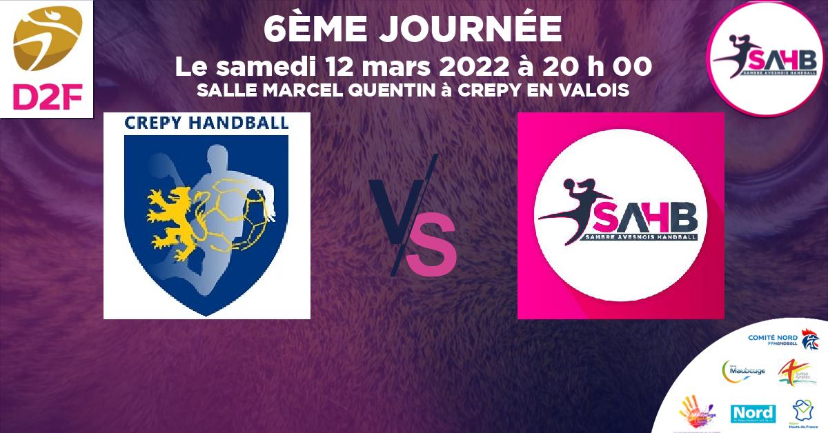 Nationale 3 féminine handball, CREPY EN VALOIS VS SAMBRE AVESNOIS - SALLE MARCEL QUENTIN à CREPY EN VALOIS à 20 h 00