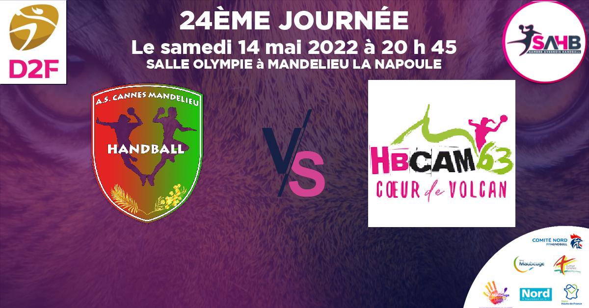 Division 2 Féminine handball, CANNES-MANDELIEU VS CLERMONT AUVERGNE METROPOLE 63 - SALLE OLYMPIE à MANDELIEU LA NAPOULE à 20 h 45