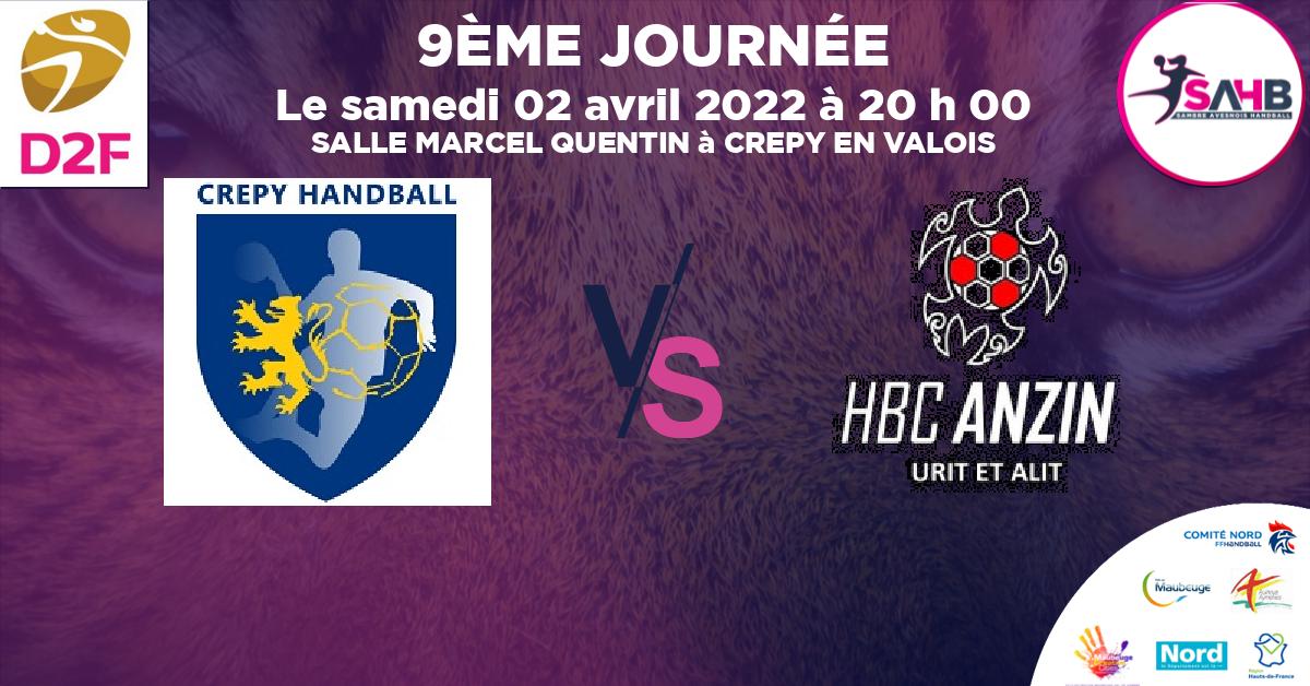 Nationale 3 féminine handball, CREPY EN VALOIS VS ANZIN - SALLE MARCEL QUENTIN à CREPY EN VALOIS à 20 h 00