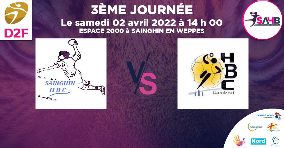 Moins de 15 ans Masculin - Département handball, SAINGHIN EN WEPPE VS CAMBRAI - ESPACE 2000 à SAINGHIN EN WEPPES à 14 h 00