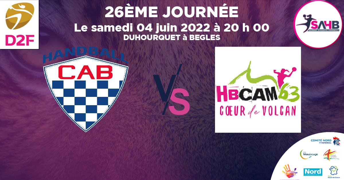 Division 2 Féminine handball, CLUB ATHLETIQUE BEGLAIS VS CLERMONT AUVERGNE METROPOLE 63 - DUHOURQUET à BEGLES à 20 h 00