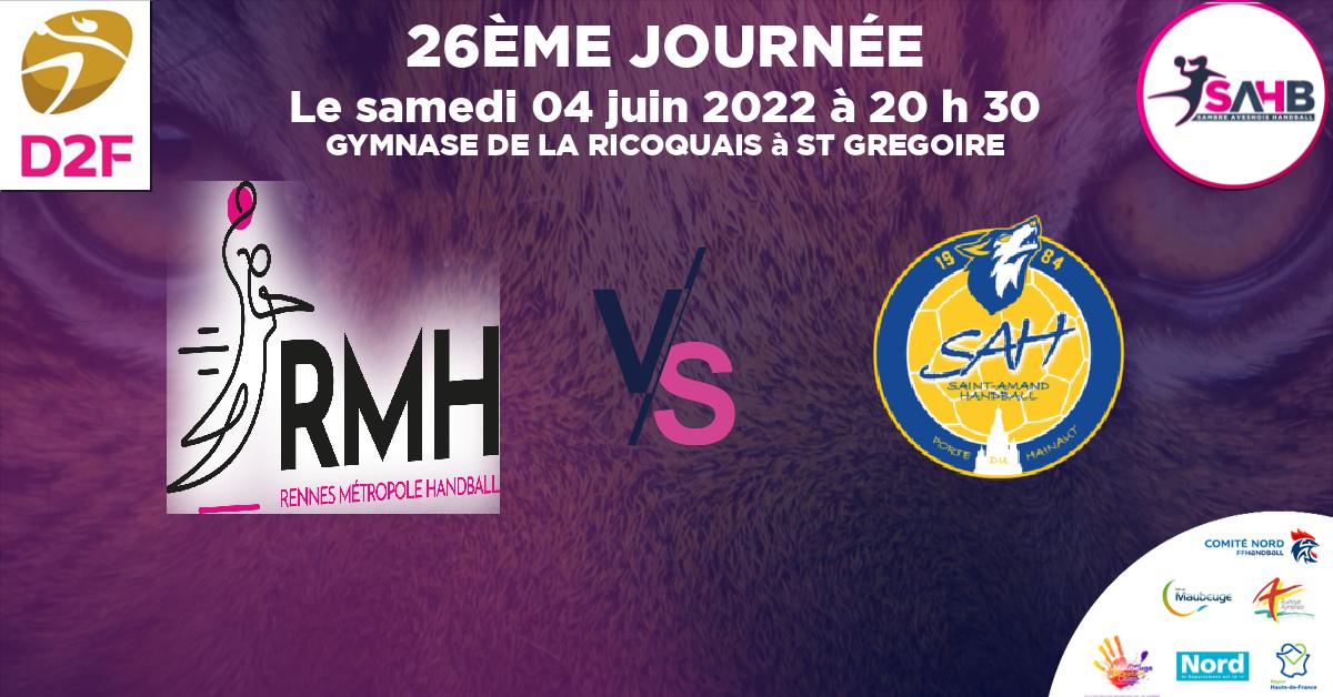 Division 2 Féminine handball, RENNES METROPOLE VS ST AMAND LES EAUX - GYMNASE DE LA RICOQUAIS à ST GREGOIRE à 20 h 30