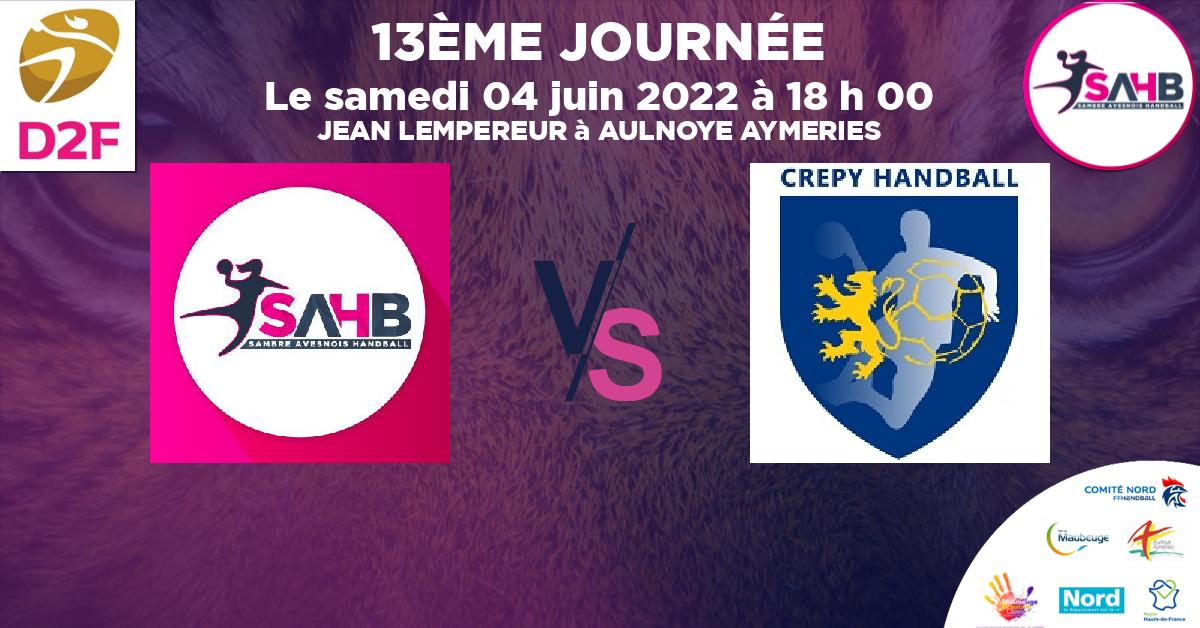 Nationale 3 féminine handball, SAMBRE AVESNOIS VS CREPY EN VALOIS - JEAN LEMPEREUR à AULNOYE AYMERIES à 18 h 00