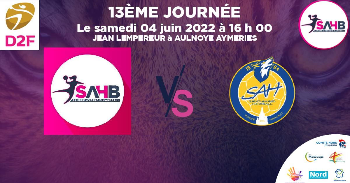Moins de 15 ans Féminine - Région handball, SAMBRE AVESNOIS VS ST AMAND LES EAUX - JEAN LEMPEREUR à AULNOYE AYMERIES à 16 h 00