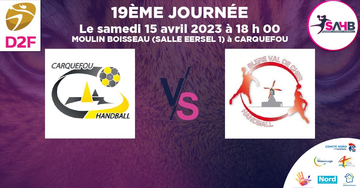 Nationale 2 Féminine handball, CARQUEFOU VS BLERE VAL DE CHER - MOULIN BOISSEAU (SALLE EERSEL 1) à CARQUEFOU à 18 h 00