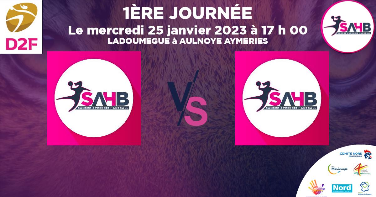 Moins de 13 ans Féminine - Département handball, SAMBRE AVESNOIS U13F-3 VS SAMBRE AVESNOIS U13F-2 - LADOUMEGUE à AULNOYE AYMERIES à 17 h 00