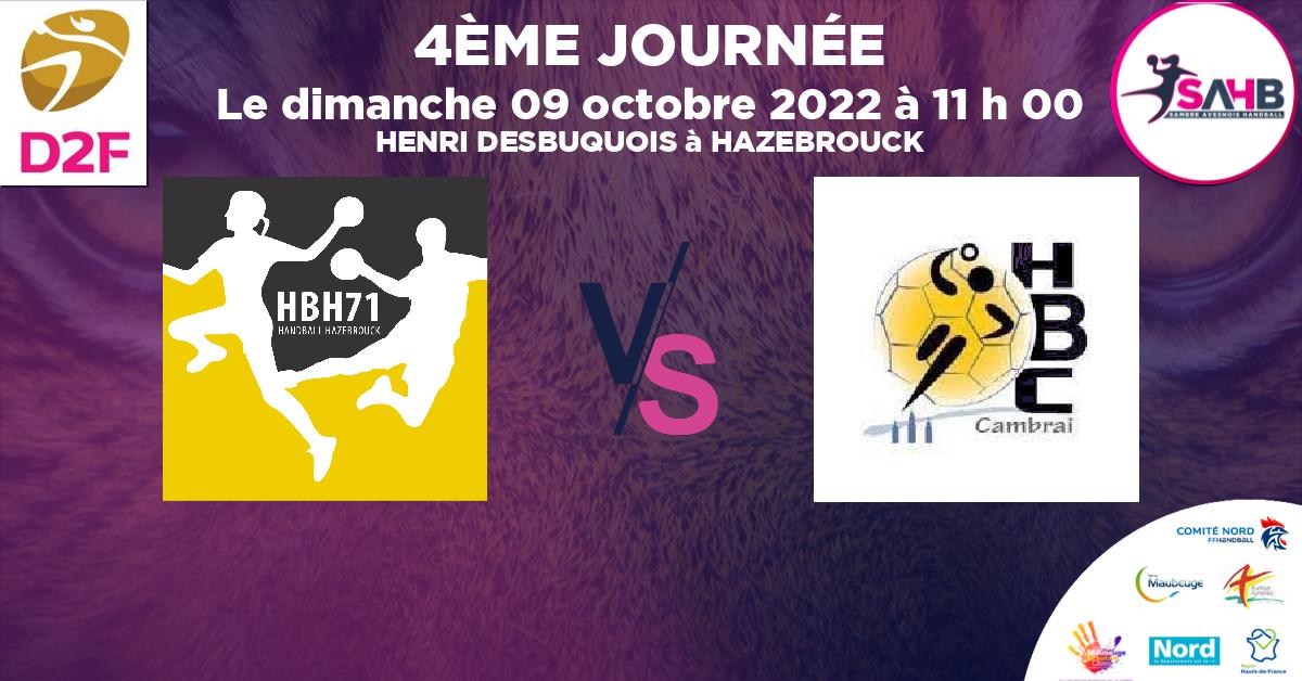 Moins de 18 ans Féminine - Région handball, HAZEBROUCK 71 VS CAMBRAI - HENRI DESBUQUOIS à HAZEBROUCK à 11 h 00