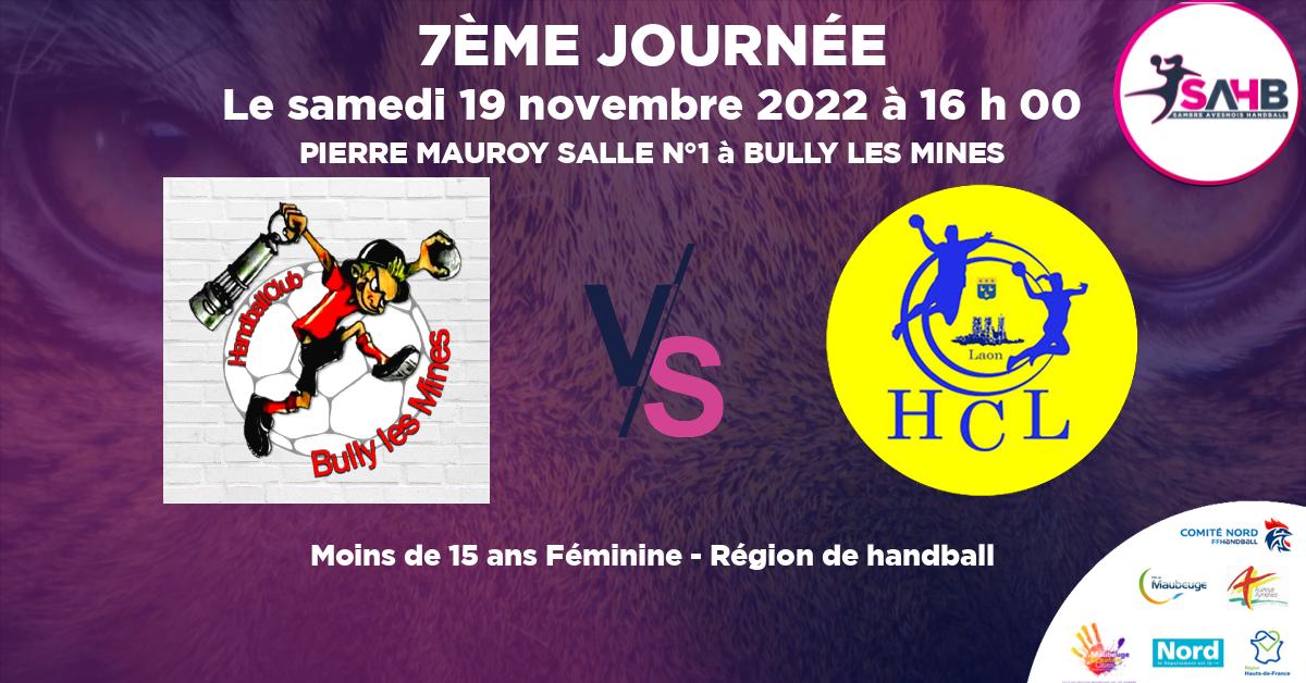 Moins de 15 ans Féminine - Région handball, BULLY LES MINES VS LAON - PIERRE MAUROY SALLE N°1 à BULLY LES MINES à 16 h 00