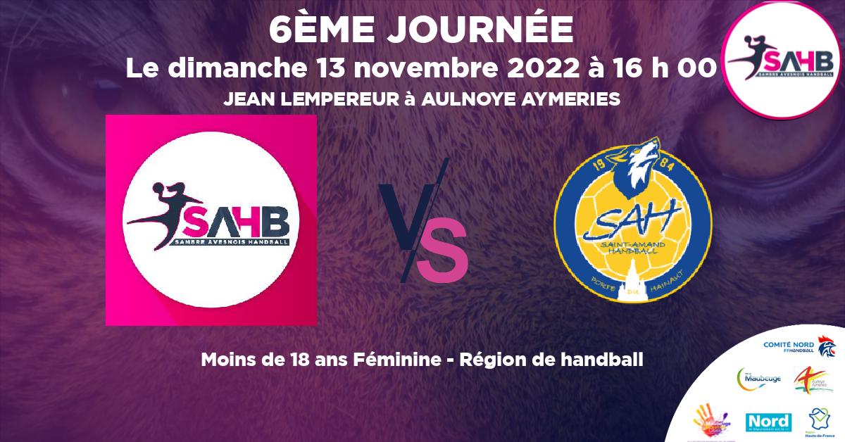 Moins de 18 ans Féminine - Région handball, SAMBRE AVESNOIS VS ST AMAND LES EAUX - JEAN LEMPEREUR à AULNOYE AYMERIES à 16 h 00