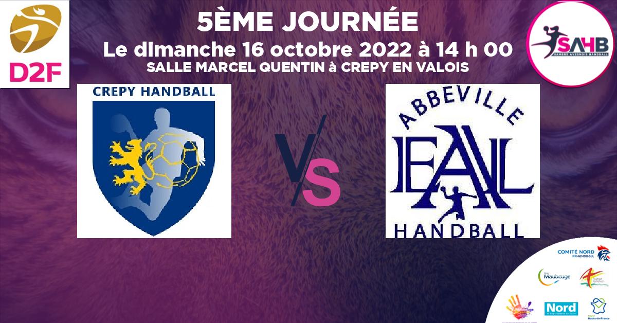 Moins de 15 ans Féminine - Région handball, CREPY EN VALOIS VS FEUQUIERES ST BLIMONT - ABBEVILLE - SALLE MARCEL QUENTIN à CREPY EN VALOIS à 14 h 00