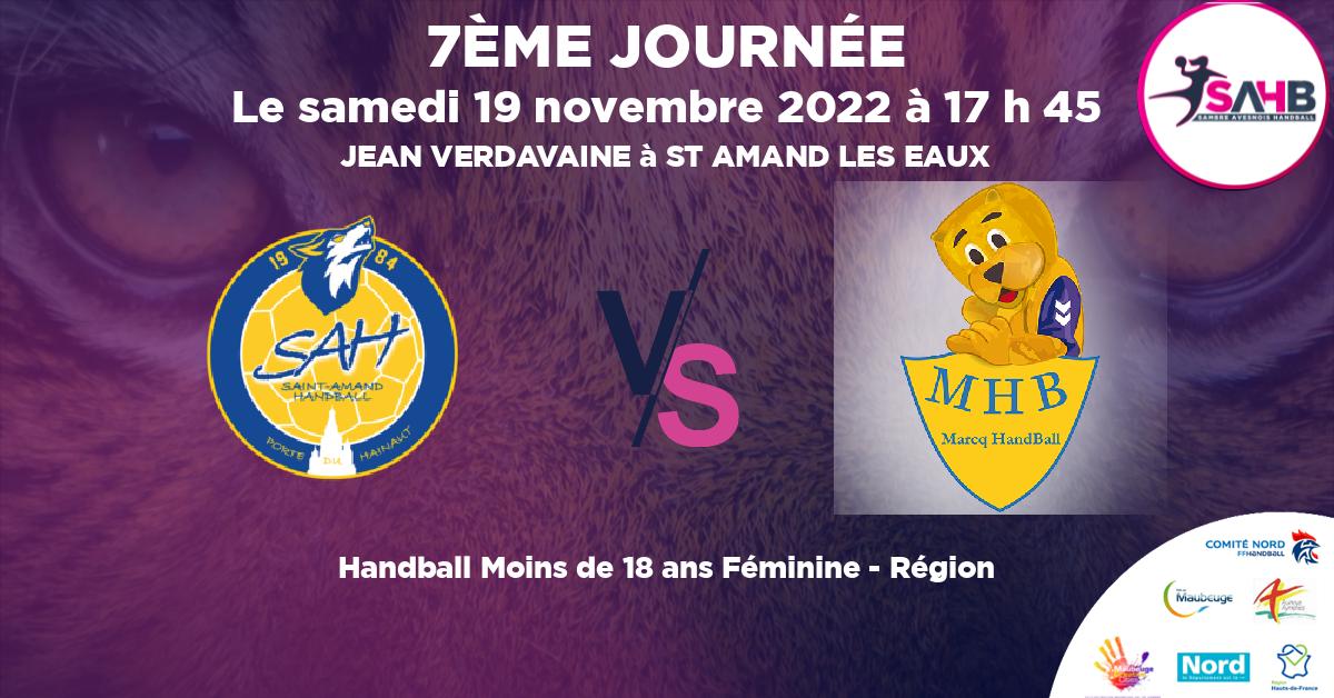 Moins de 18 ans Féminine - Région handball, ST AMAND LES EAUX VS MARCQ EN BAROEUL - JEAN VERDAVAINE à ST AMAND LES EAUX à 17 h 45