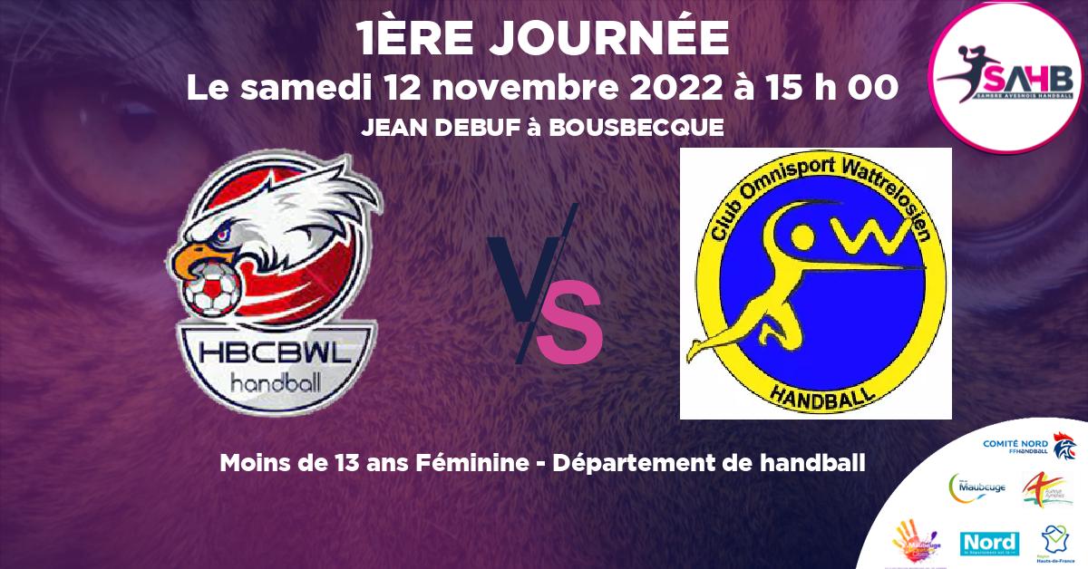 Moins de 13 ans Féminine - Département handball, BOUSBECQUE - WERVICQ VS WATTRELOS - JEAN DEBUF à BOUSBECQUE à 15 h 00