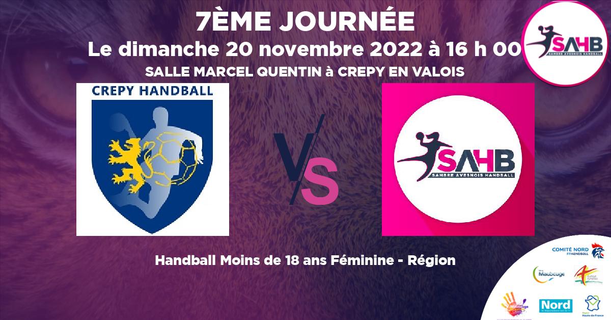 Moins de 18 ans Féminine - Région handball, CREPY EN VALOIS VS SAMBRE AVESNOIS - SALLE MARCEL QUENTIN à CREPY EN VALOIS à 16 h 00
