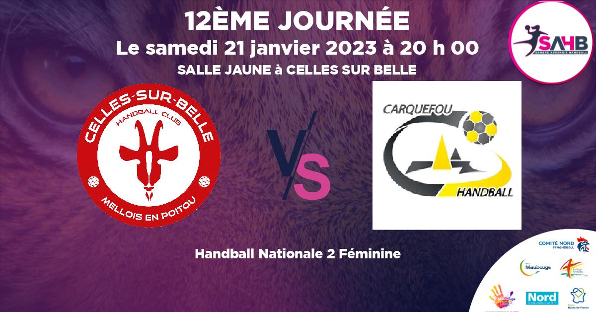 Nationale 2 Féminine handball, CELLES SUR BELLE MELLOIS EN POITOU VS CARQUEFOU - SALLE JAUNE à CELLES SUR BELLE à 20 h 00
