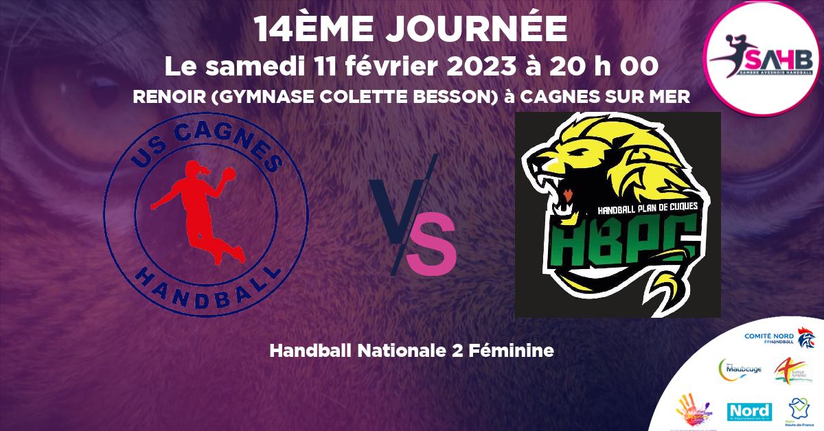 Nationale 2 Féminine handball, CAGNES VS PLAN DE CUQUES - RENOIR (GYMNASE COLETTE BESSON) à CAGNES SUR MER à 20 h 00