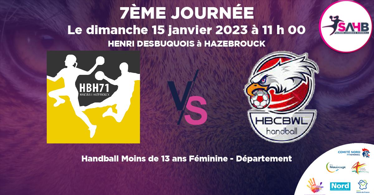 Moins de 13 ans Féminine - Département handball, HAZEBROUCK 71 VS BOUSBECQUE - WERVICQ - HENRI DESBUQUOIS à HAZEBROUCK à 11 h 00