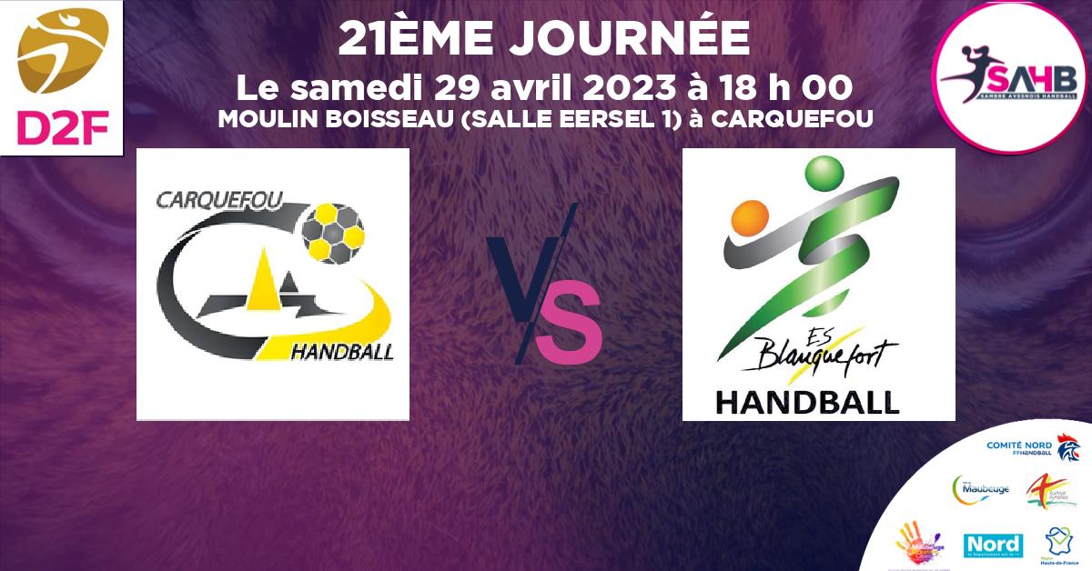 Nationale 2 Féminine handball, CARQUEFOU VS BLANQUEFORTAISE - MOULIN BOISSEAU (SALLE EERSEL 1) à CARQUEFOU à 18 h 00
