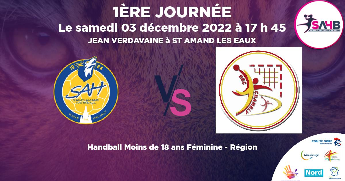 Moins de 18 ans Féminine - Région handball, ST AMAND LES EAUX VS CHAMBLY  - JEAN VERDAVAINE à ST AMAND LES EAUX à 17 h 45