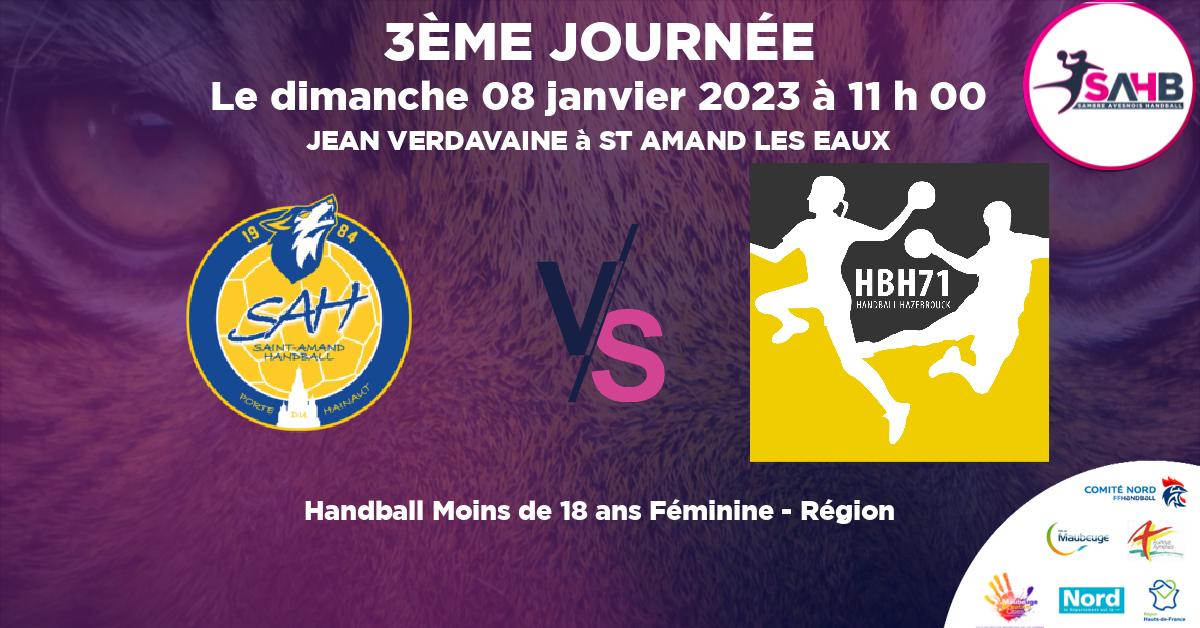 Moins de 18 ans Féminine - Région handball, ST AMAND LES EAUX VS HAZEBROUCK 71 - JEAN VERDAVAINE à ST AMAND LES EAUX à 11 h 00