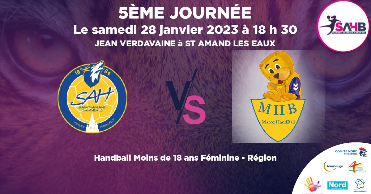 Moins de 18 ans Féminine - Région handball, ST AMAND LES EAUX VS MARCQ EN BAROEUL - JEAN VERDAVAINE à ST AMAND LES EAUX à 18 h 30