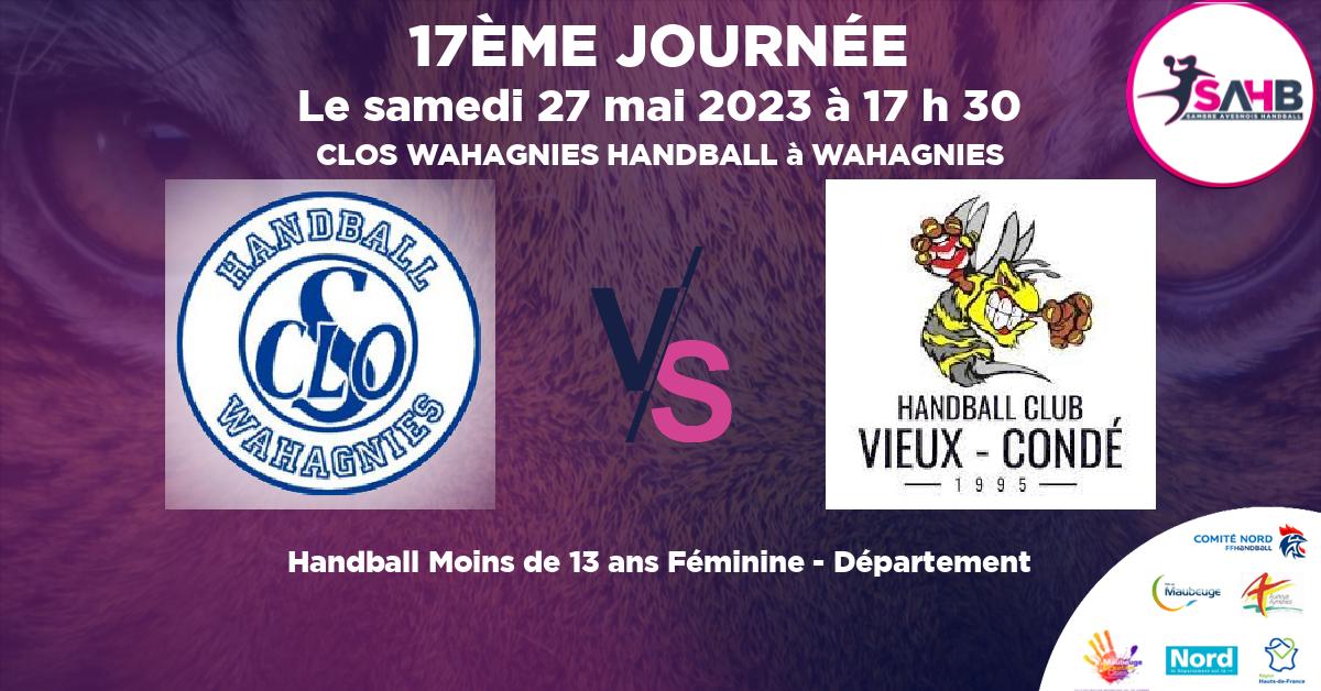 Moins de 13 ans Féminine - Département handball, WAHAGNIES VS VIEUX CONDE - CLOS WAHAGNIES HANDBALL à WAHAGNIES à 17 h 30