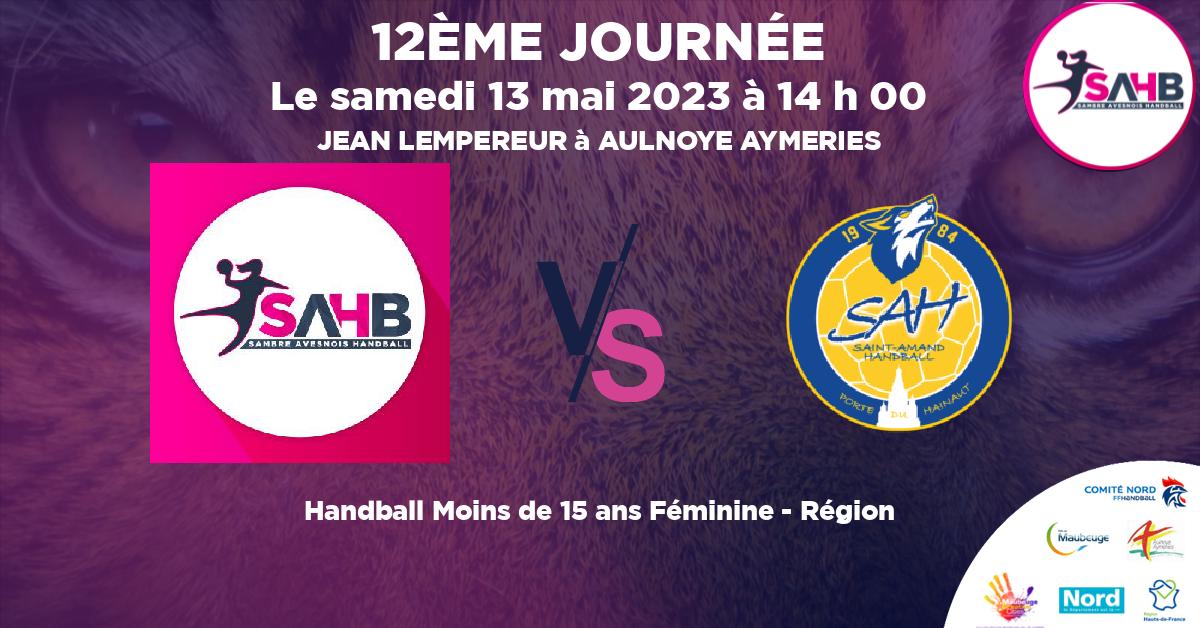 Moins de 15 ans Féminine - Région handball, SAMBRE AVESNOIS VS ST AMAND LES EAUX - JEAN LEMPEREUR à AULNOYE AYMERIES à 14 h 00