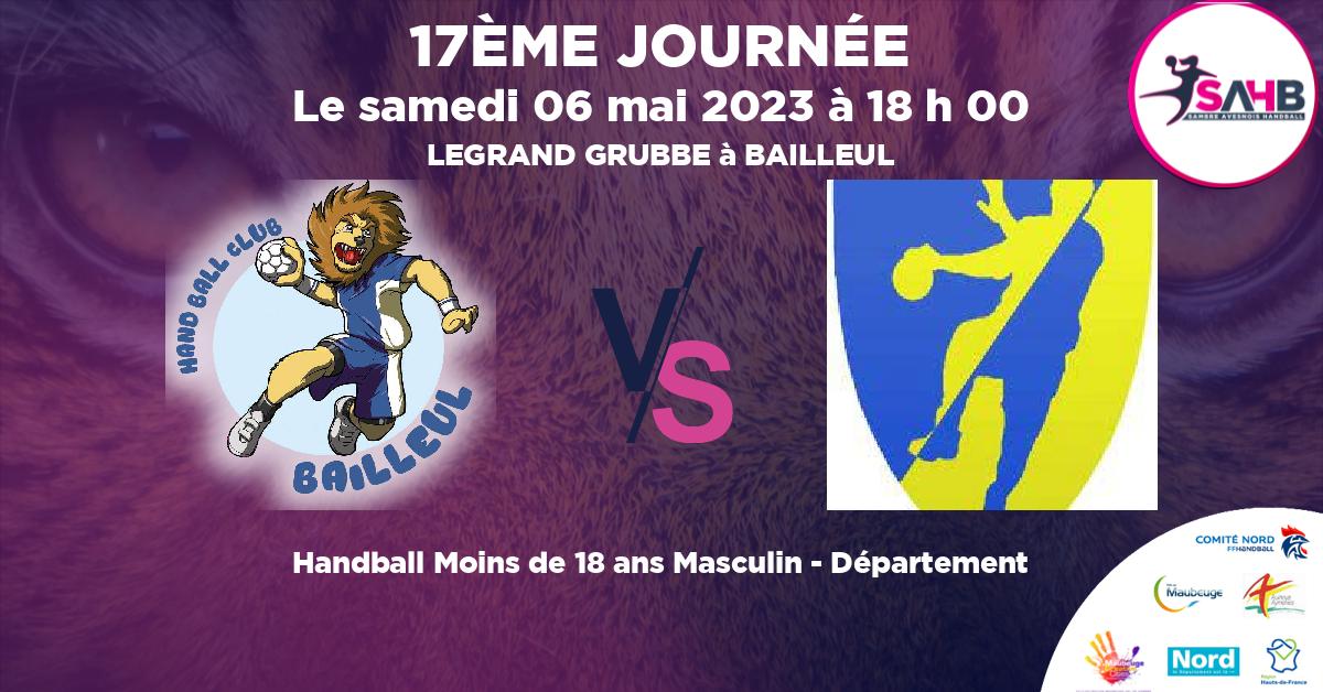 Moins de 18 ans Masculin - Département handball, BAILLEUL VS GRANDE SYNTHE - LEGRAND GRUBBE à BAILLEUL à 18 h 00
