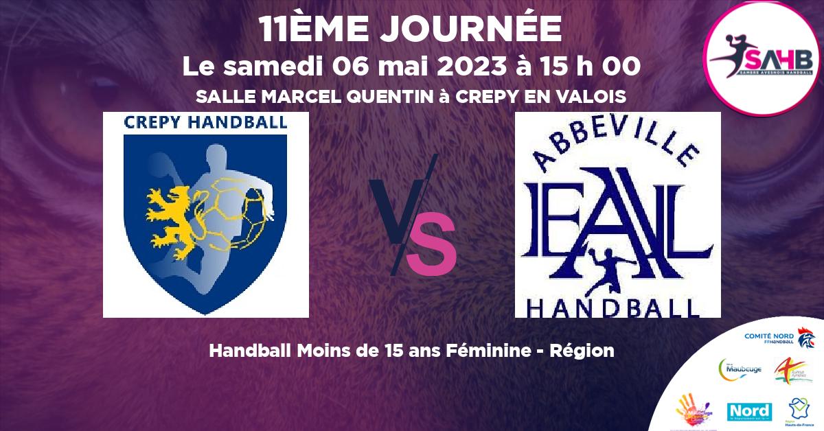 Moins de 15 ans Féminine - Région handball, CREPY EN VALOIS VS FEUQUIERES ST BLIMONT - ABBEVILLE - SALLE MARCEL QUENTIN à CREPY EN VALOIS à 15 h 00