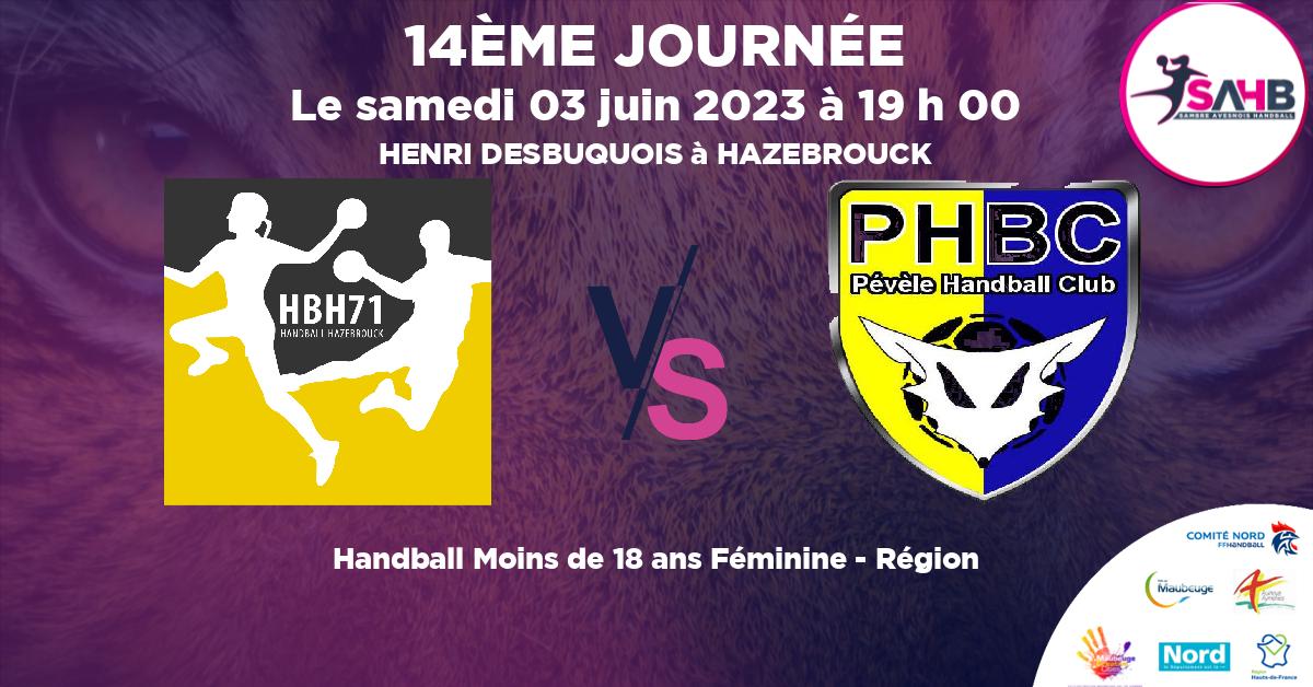 Moins de 18 ans Féminine - Région handball, HAZEBROUCK 71 VS VILLENEUVE D'ASCQ - PEVELE - HENRI DESBUQUOIS à HAZEBROUCK à 19 h 00