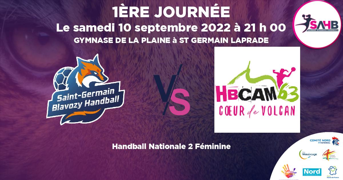 Nationale 2 Féminine handball, SAINT GERMAIN BLAVOZY  VS CLERMONT AUVERGNE METROPOLE 63 - GYMNASE DE LA PLAINE à ST GERMAIN LAPRADE à 21 h 00