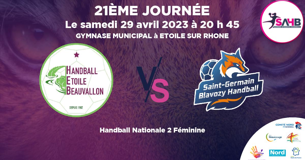 Nationale 2 Féminine handball, ETOILE BEAUVALLON VS SAINT GERMAIN BLAVOZY  - GYMNASE MUNICIPAL à ETOILE SUR RHONE à 20 h 45