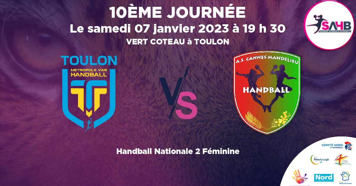 Nationale 2 Féminine handball, TOULON VS CANNES-MANDELIEU - VERT COTEAU à TOULON à 19 h 30