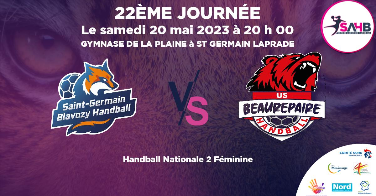 Nationale 2 Féminine handball, SAINT GERMAIN BLAVOZY  VS BEAUREPAIRE - GYMNASE DE LA PLAINE à ST GERMAIN LAPRADE à 20 h 00