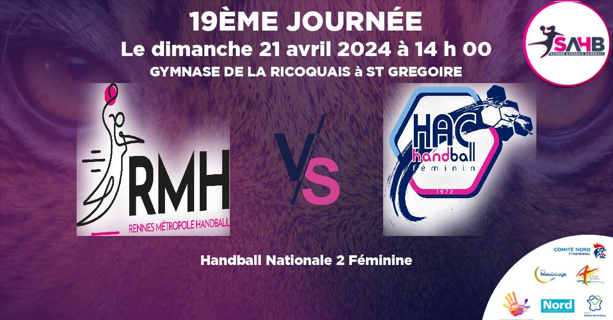 Nationale 2 Féminine handball, RENNES METROPOLE VS HAVRE ATHLETIC - GYMNASE DE LA RICOQUAIS à ST GREGOIRE à 14 h 00