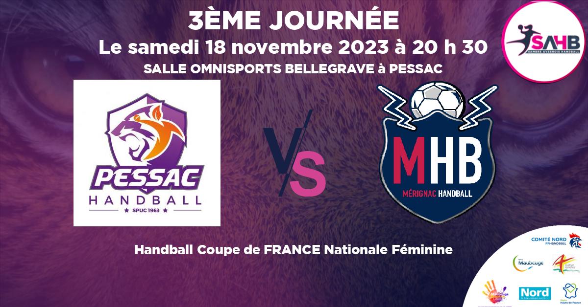Coupe de FRANCE Nationale Féminine handball, STADE PESSACAIS VS MERIGNAC - SALLE OMNISPORTS BELLEGRAVE à PESSAC à 20 h 30