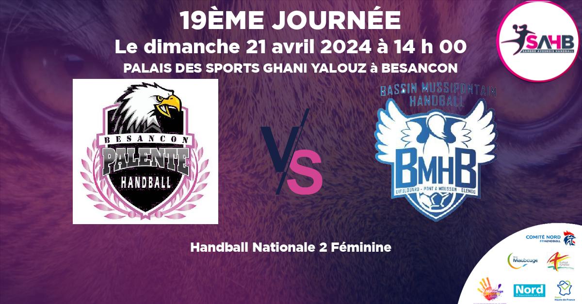 Nationale 2 Féminine handball, PALENTE BESANCON VS BASSIN MUSSIPONTAIN - PALAIS DES SPORTS GHANI YALOUZ à BESANCON à 14 h 00