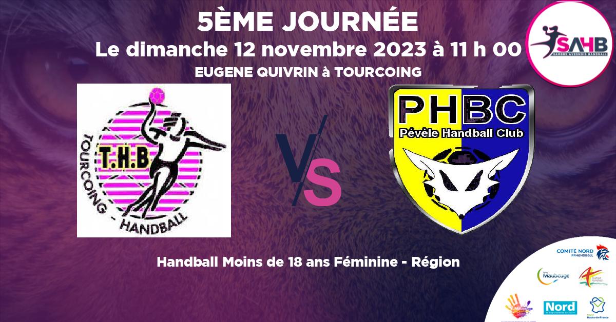 Moins de 18 ans Féminine - Région handball, TOURCOING VS VILLENEUVE D'ASCQ - PEVELE - EUGENE QUIVRIN à TOURCOING à 11 h 00