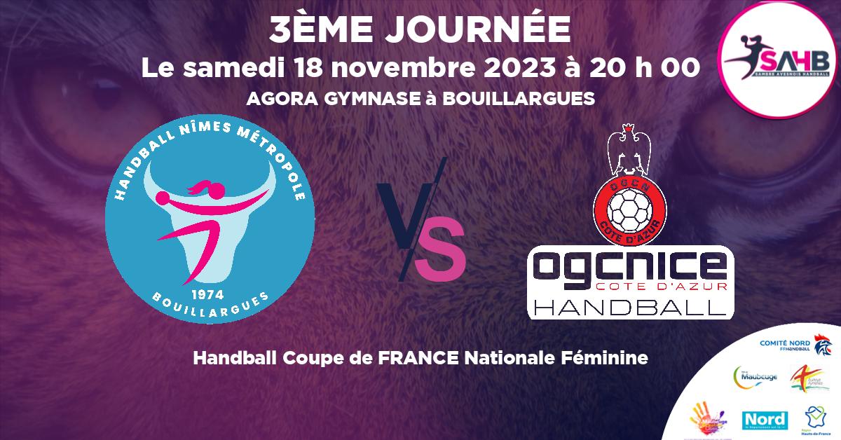 Coupe de FRANCE Nationale Féminine handball, BOUILLARGUES NIMES METROPOLE VS OGC NICE COTE D'AZUR - AGORA GYMNASE à BOUILLARGUES à 20 h 00