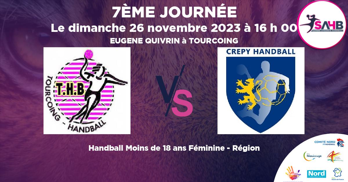 Moins de 18 ans Féminine - Région handball, TOURCOING VS CREPY EN VALOIS - EUGENE QUIVRIN à TOURCOING à 16 h 00