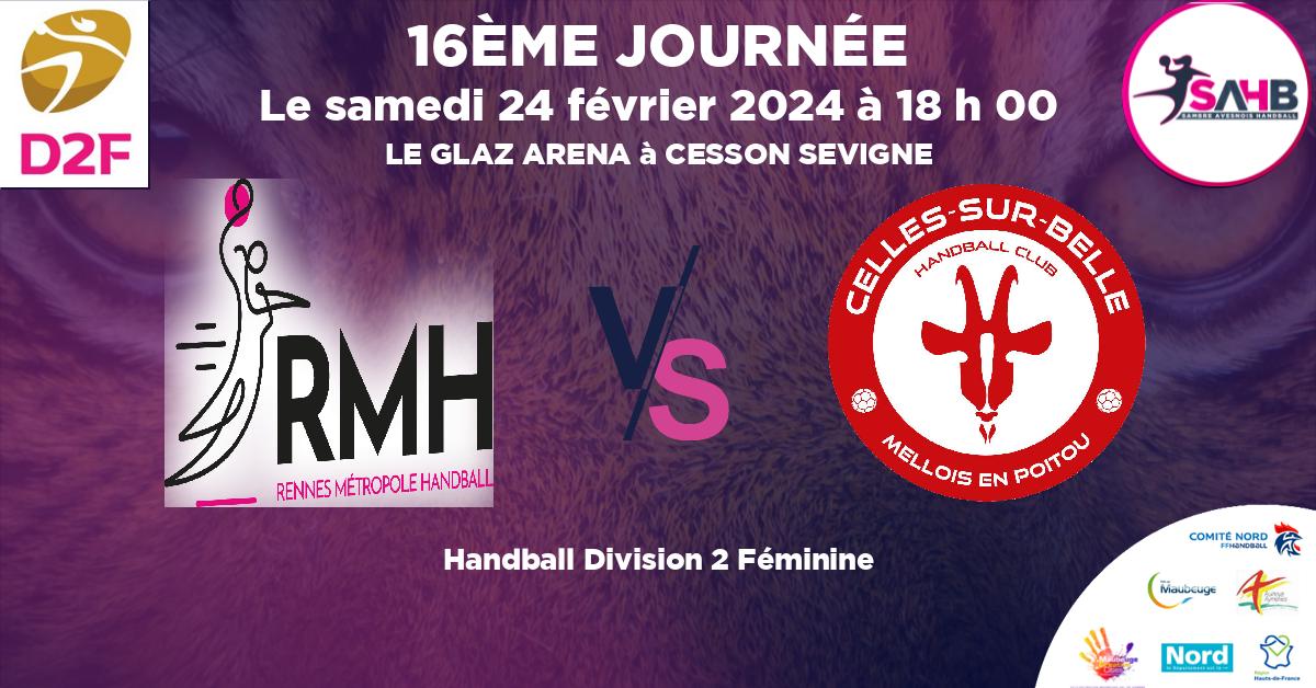 Division 2 Féminine handball, RENNES METROPOLE VS CELLES SUR BELLE MELLOIS EN POITOU - LE GLAZ ARENA à CESSON SEVIGNE à 18 h 00