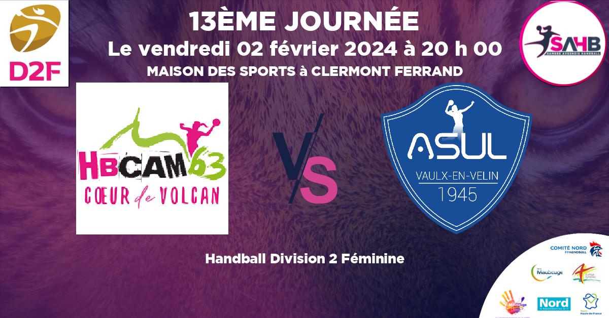 Division 2 Féminine handball, CLERMONT AUVERGNE METROPOLE 63 VS ASUL VAULX EN VELIN - MAISON DES SPORTS à CLERMONT FERRAND à 20 h 00