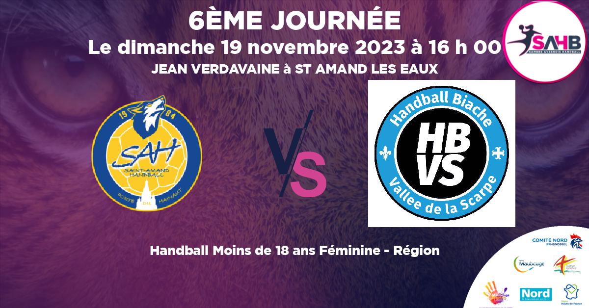 Moins de 18 ans Féminine - Région handball, ST AMAND LES EAUX VS BIACHE VALLEE SCARPE - JEAN VERDAVAINE à ST AMAND LES EAUX à 16 h 00