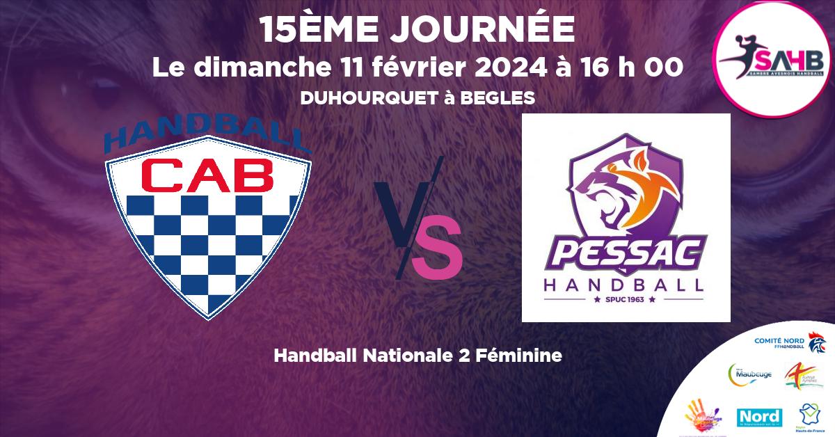 Nationale 2 Féminine handball, CLUB ATHLETIQUE BEGLAIS VS STADE PESSACAIS - DUHOURQUET à BEGLES à 16 h 00