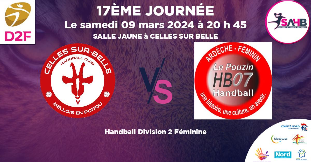 Division 2 Féminine handball, CELLES SUR BELLE MELLOIS EN POITOU VS LE POUZIN 07 - SALLE JAUNE à CELLES SUR BELLE à 20 h 45