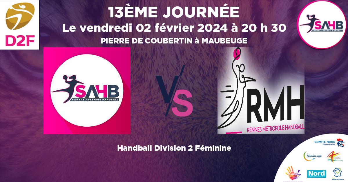 Division 2 Féminine handball, SAMBRE AVESNOIS VS RENNES METROPOLE - PIERRE DE COUBERTIN à MAUBEUGE à 20 h 30
