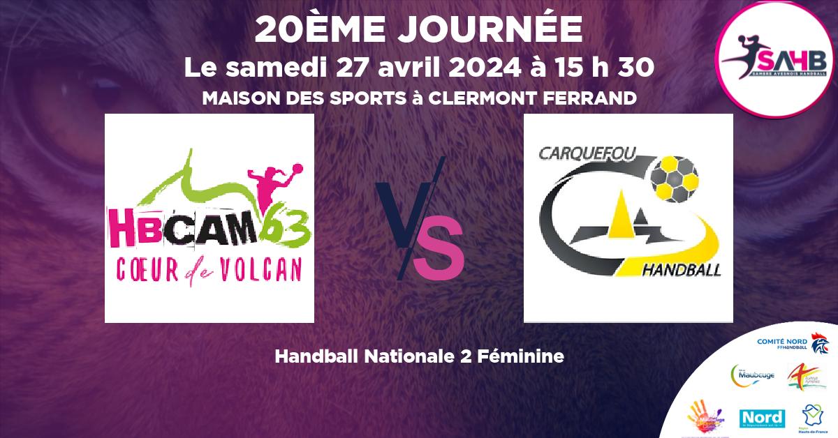 Nationale 2 Féminine handball, CLERMONT AUVERGNE METROPOLE 63 VS CARQUEFOU - MAISON DES SPORTS à CLERMONT FERRAND à 15 h 30